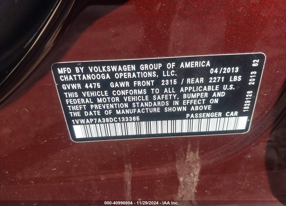 2013 VOLKSWAGEN PASSAT 2.5L WOLFSBURG EDITION VIN: 1VWAP7A38DC133365