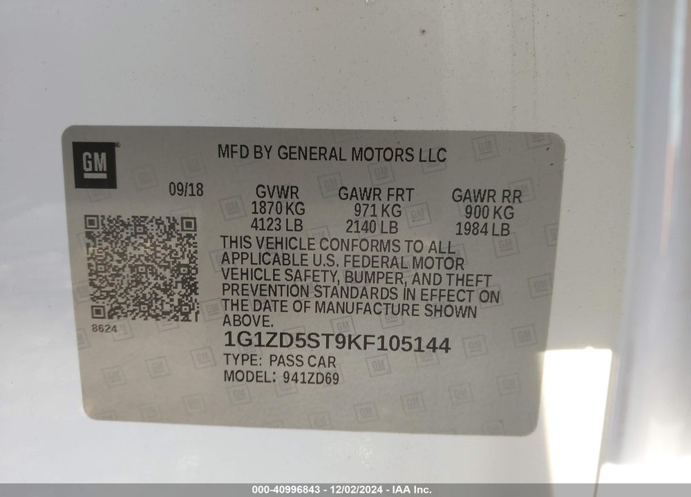 2019 CHEVROLET MALIBU LT VIN: 1G1ZD5ST9KF105144