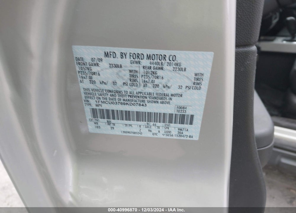 2009 FORD ESCAPE XLT VIN: 1FMCU03769KD07843