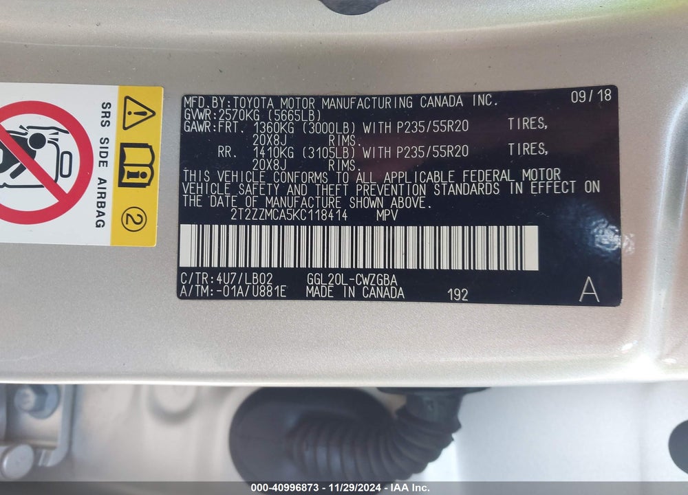 2019 LEXUS RX 350 VIN: 2T2ZZMCA5KC118414