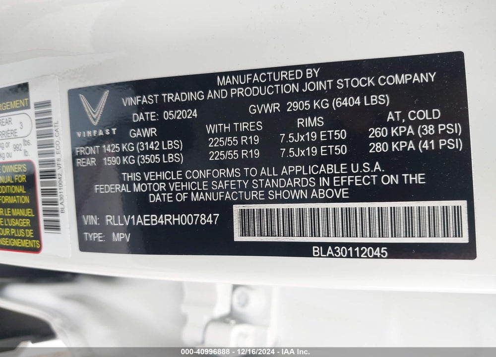 2024 VINFAST VF 8 ECO VIN: RLLV1AEB4RH007847