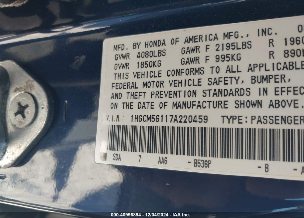 2007 HONDA ACCORD 2.4 VP VIN: 1HGCM56117A220459