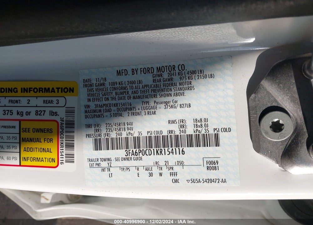 2019 FORD FUSION SEL VIN: 3FA6P0CD1KR154116