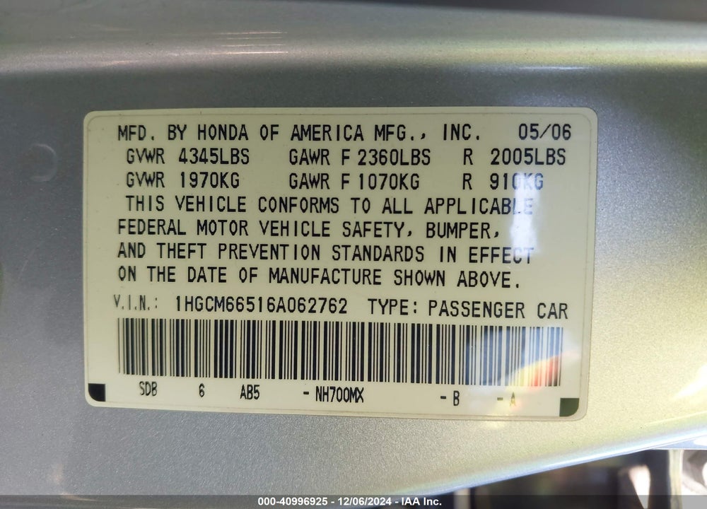 2006 HONDA ACCORD VIN: 1HGCM66516A062762
