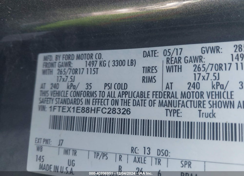 2017 FORD F-150 XLT VIN: 1FTEX1E88HFC28326