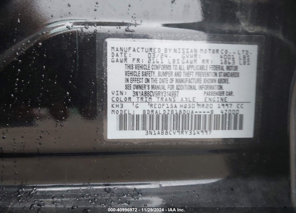 2024 NISSAN SENTRA SV XTRONIC CVT VIN: 3N1AB8CV9RY314997