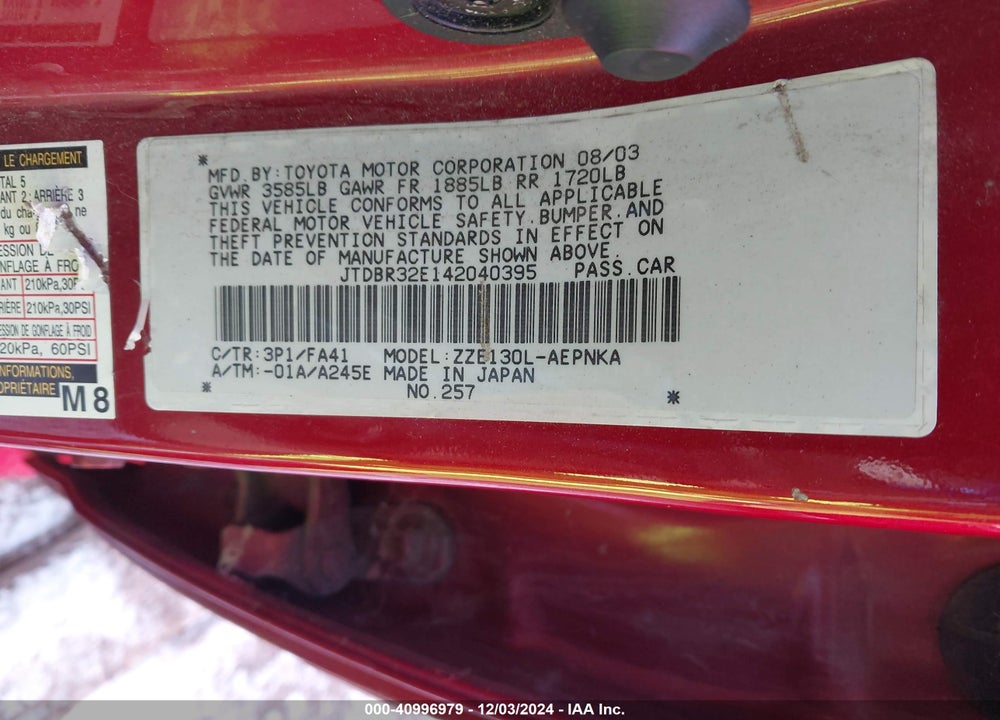 2004 TOYOTA COROLLA LE VIN: JTDBR32E142040395