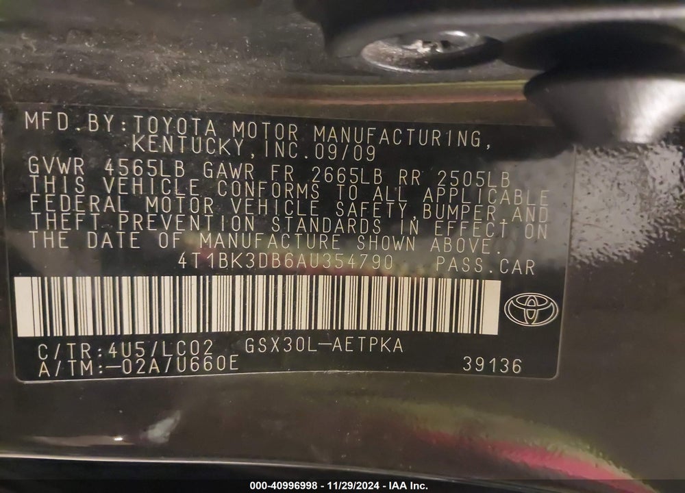 2010 TOYOTA AVALON LIMITED VIN: 4T1BK3DB6AU354790