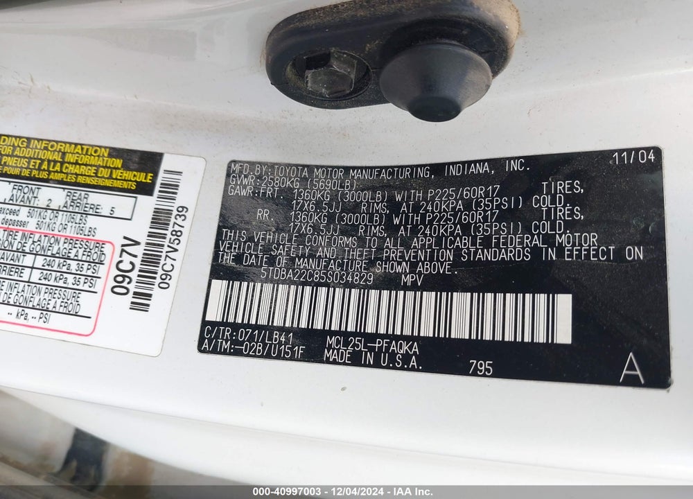 2005 TOYOTA SIENNA XLE LIMITED VIN: 5TDBA22C85S034829