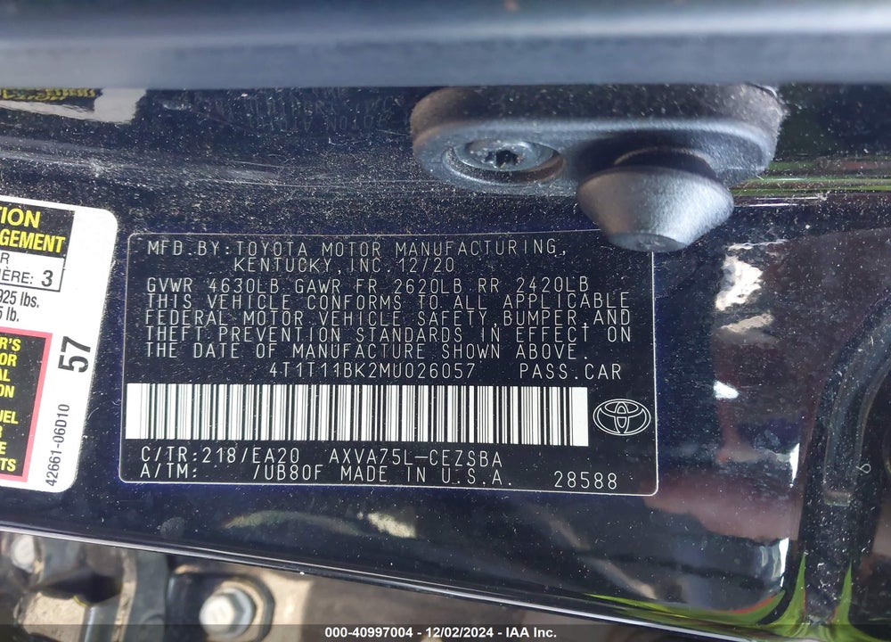 2021 TOYOTA CAMRY SE AWD VIN: 4T1T11BK2MU026057
