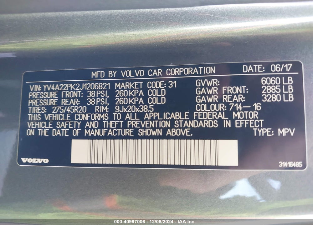 2018 VOLVO XC90 T6 MOMENTUM VIN: YV4A22PK2J1206821