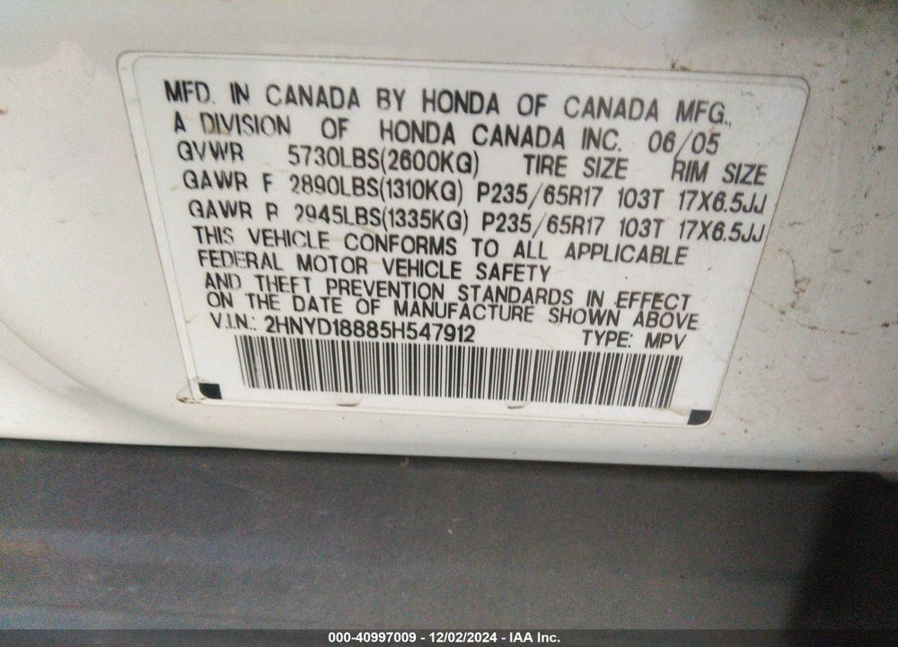 2005 ACURA MDX VIN: 2HNYD18885H547912