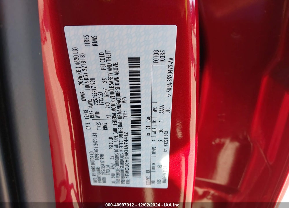 2019 FORD ESCAPE SEL VIN: 1FMCU0HD6KUA74412