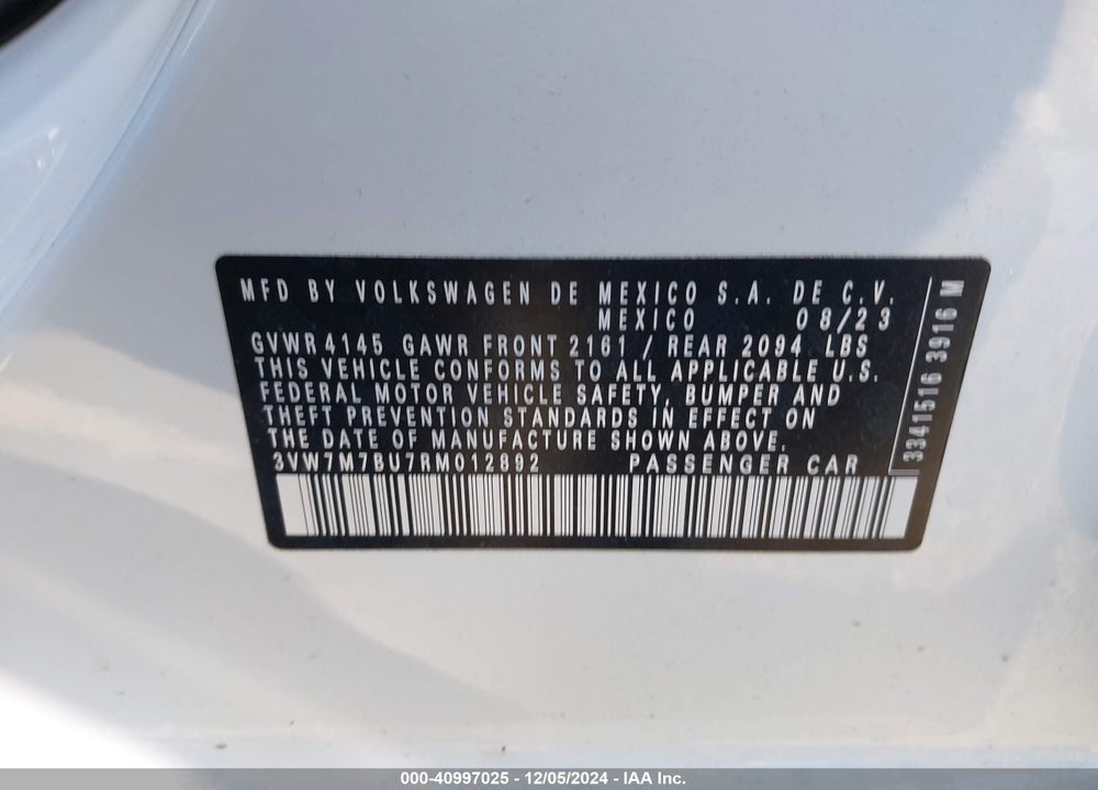 2024 VOLKSWAGEN JETTA VIN: 3VW7M7BU7RM012892
