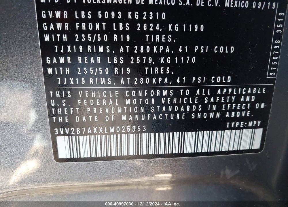 2020 VOLKSWAGEN TIGUAN VIN: 3VV2B7AXXLM025353