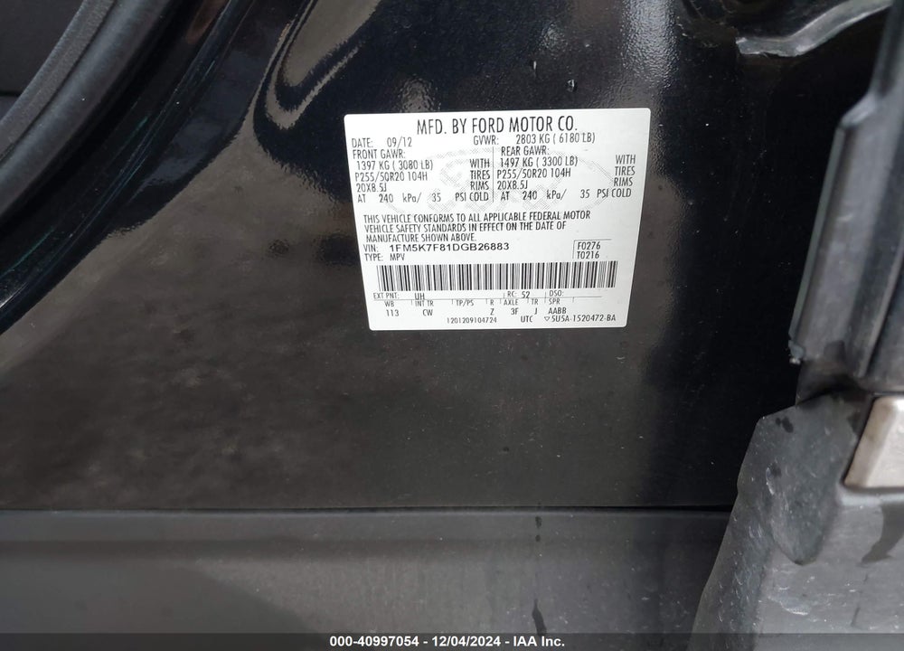 2013 FORD EXPLORER LIMITED VIN: 1FM5K7F81DGB26883