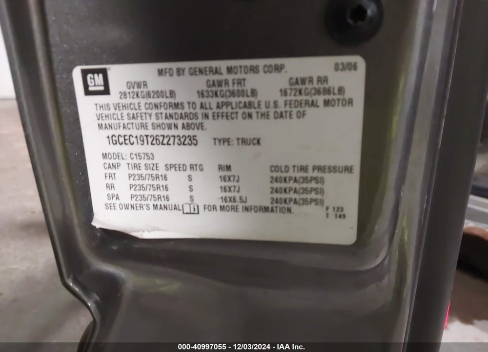 2006 CHEVROLET SILVERADO VIN: 1GCEC19T26Z273235