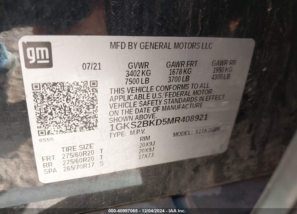 2021 GMC YUKON 4WD SLT VIN: 1GKS2BKD5MR408921