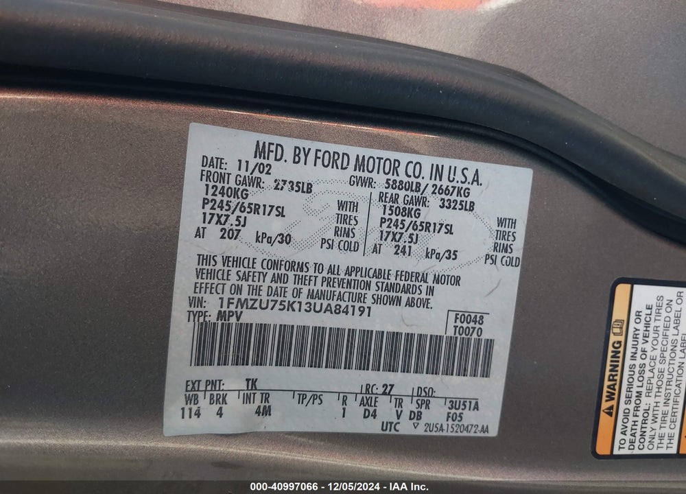 2003 FORD EXPLORER LIMITED VIN: 1FMZU75K13UA84191