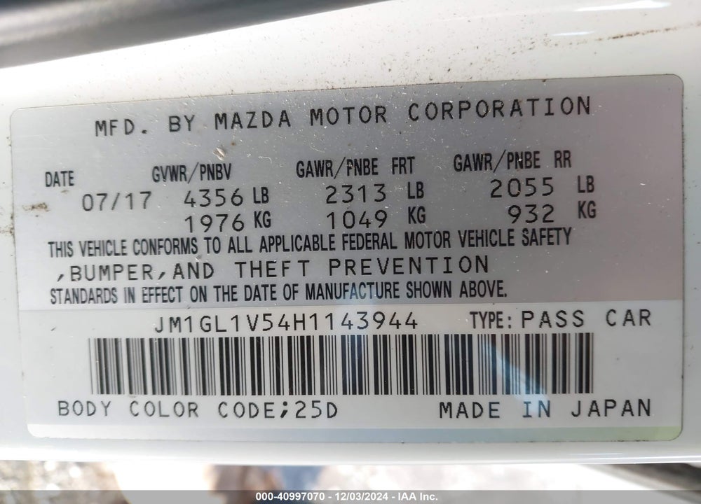2017 MAZDA 6 TOURING VIN: JM1GL1V54H1143944