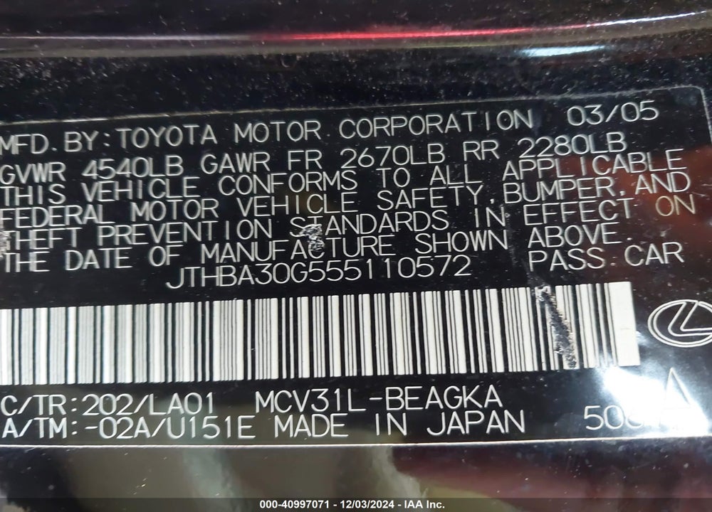 2005 LEXUS ES 330 VIN: JTHBA30G555110572