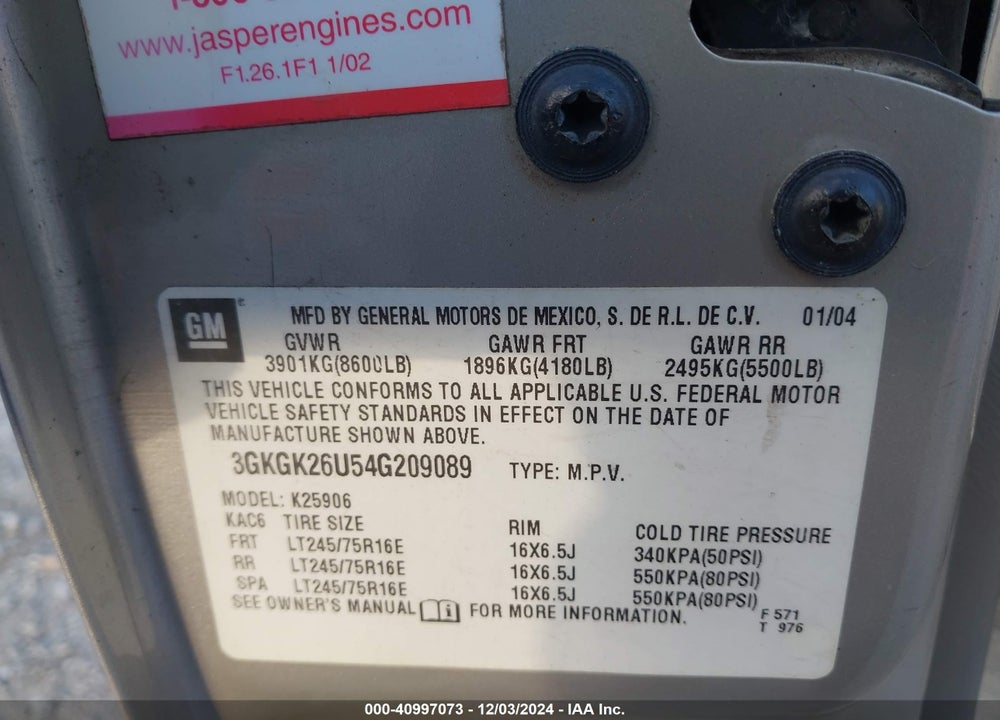 2004 GMC YUKON XL 2500 SLE VIN: 3GKGK26U54G209089