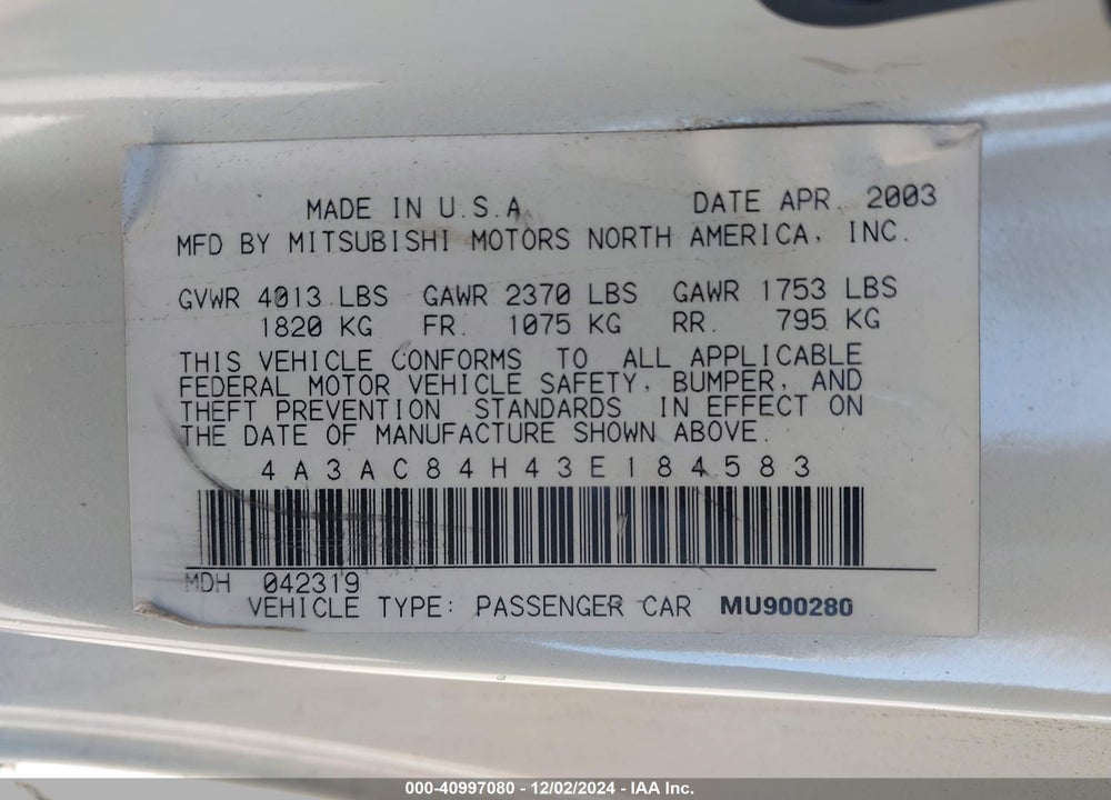 2003 MITSUBISHI ECLIPSE GT VIN: 4A3AC84H43E184583