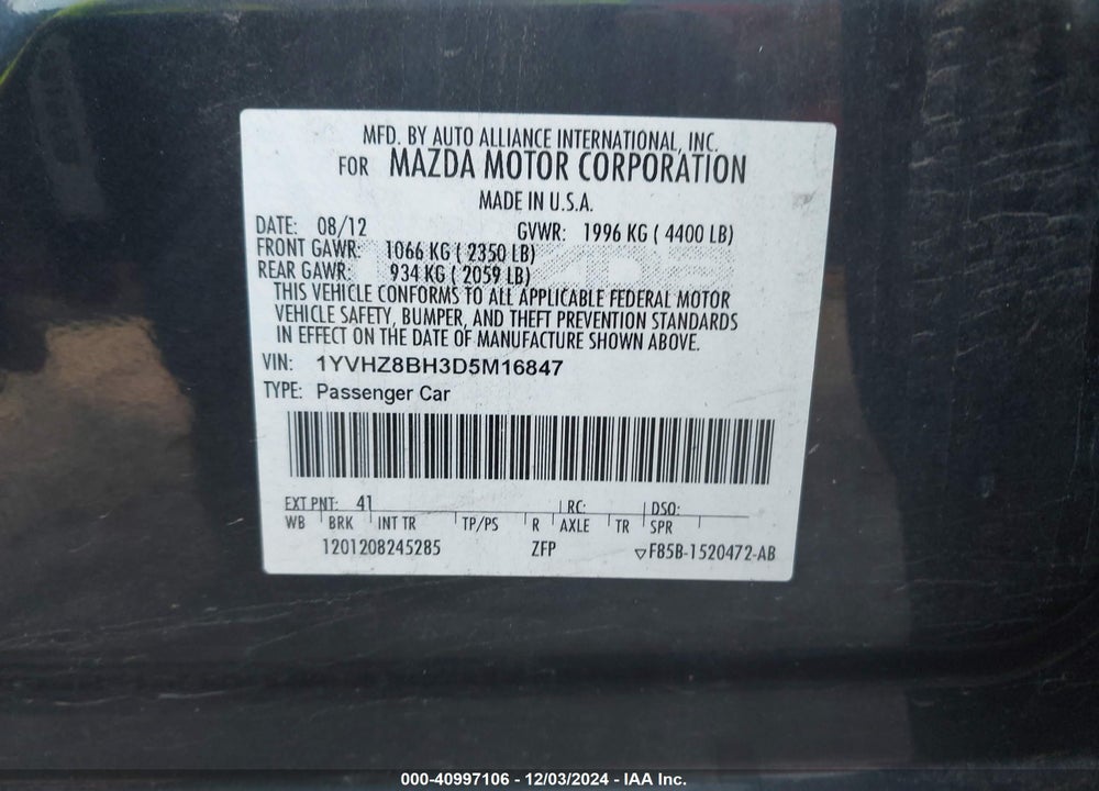 2013 MAZDA 6 I SPORT VIN: 1YVHZ8BH3D5M16847