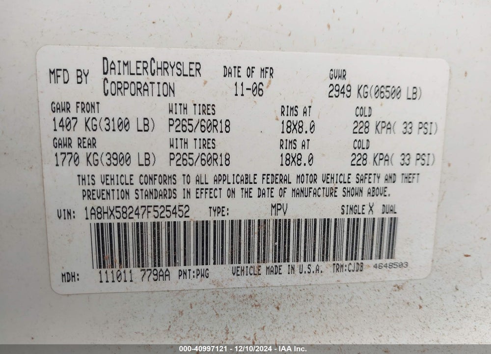 2007 CHRYSLER ASPEN LIMITED VIN: 1A8HX58247F525452