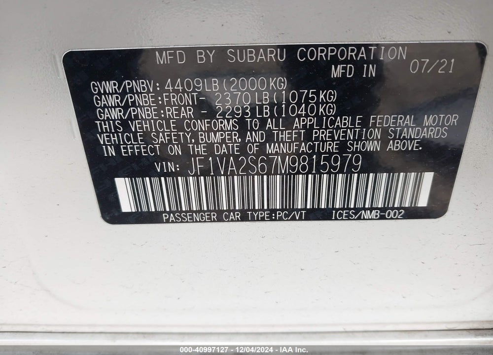 2021 SUBARU WRX STI VIN: JF1VA2S67M9815979