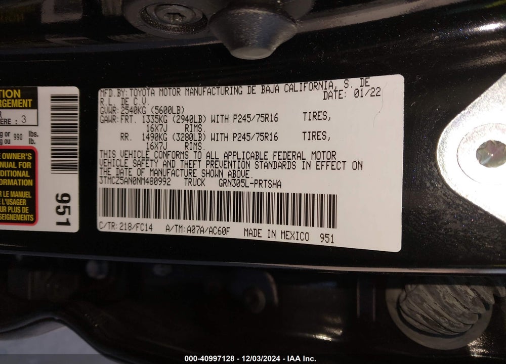2022 TOYOTA TACOMA SR5 V6 VIN: 3TMCZ5AN0NM480992