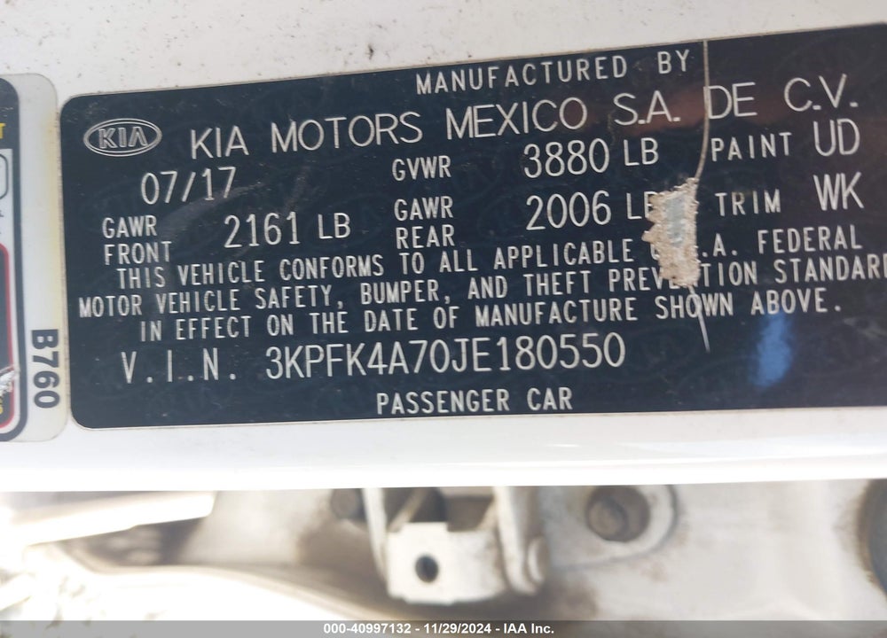 2018 KIA FORTE VIN: 3KPFK4A70JE180550