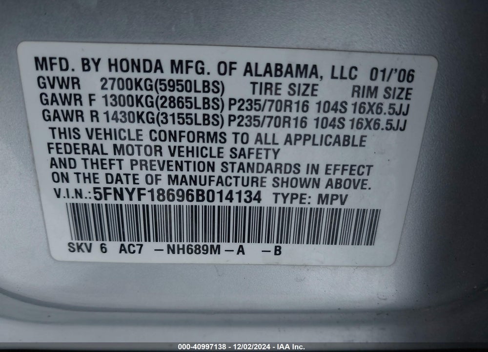 2006 HONDA PILOT EX-L VIN: 5FNYF18696B014134