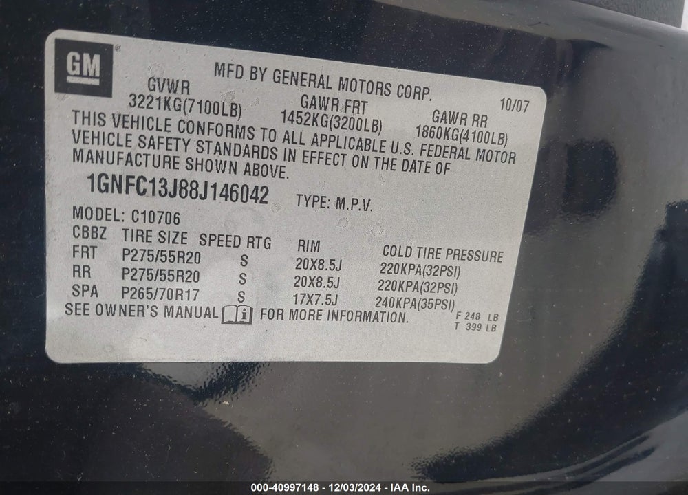 2008 CHEVROLET TAHOE LTZ VIN: 1GNFC13J88J146042