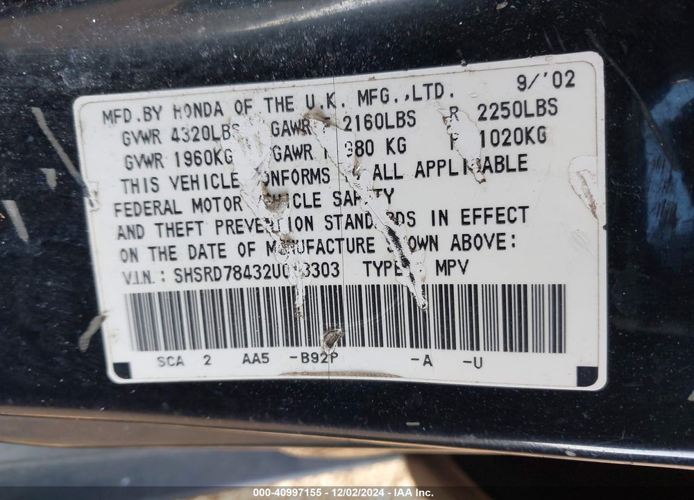 2002 HONDA CR-V LX VIN: SHSRD78432U013303