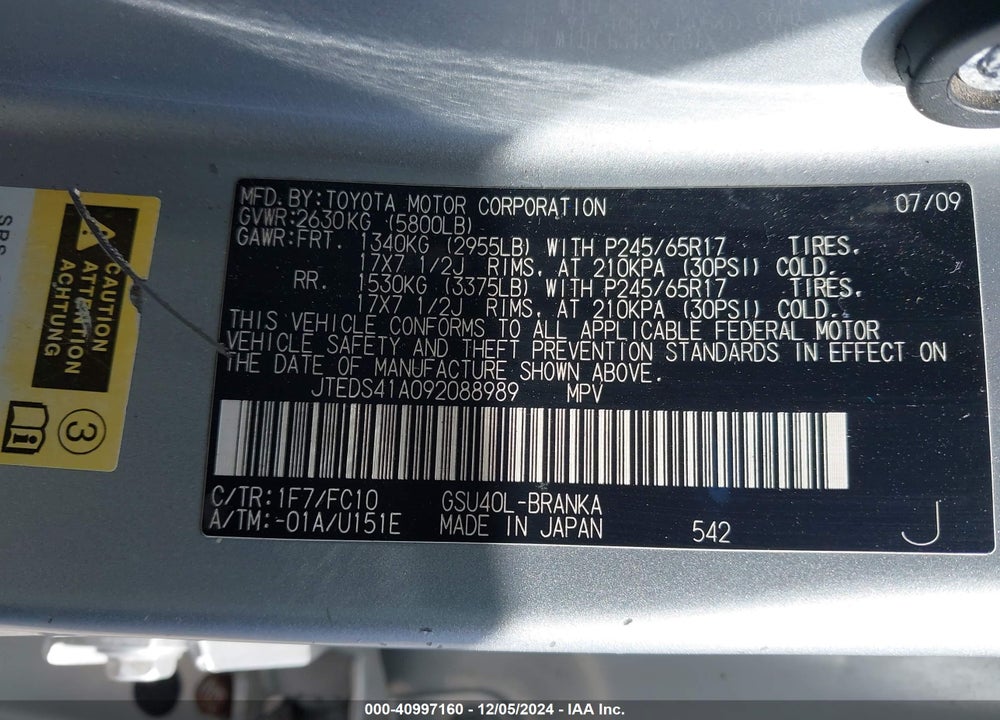 2009 TOYOTA HIGHLANDER VIN: JTEDS41A092088989