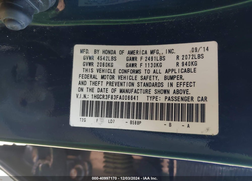 2015 HONDA ACCORD EX-L V-6 VIN: 1HGCR3F83FA006641