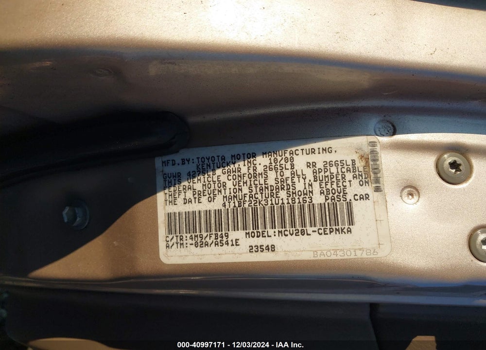 2001 TOYOTA CAMRY LE V6 VIN: 4T1BF22K31U118163