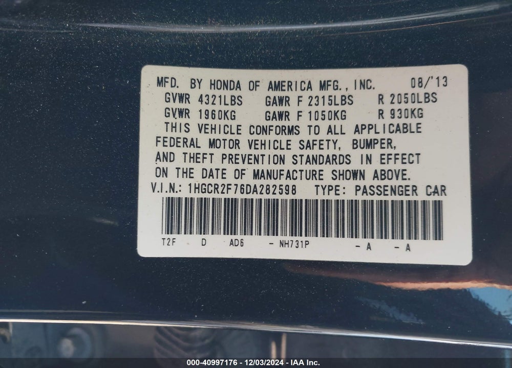 2013 HONDA ACCORD EX VIN: 1HGCR2F76DA282598