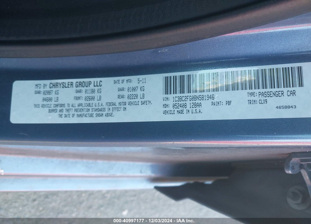 2011 CHRYSLER 200 LIMITED VIN: 1C3BC2FG0BN581946