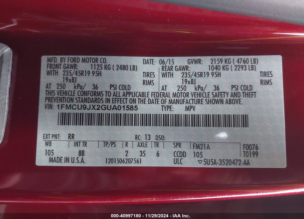 2016 FORD ESCAPE TITANIUM VIN: 1FMCU9JX2GUA01585