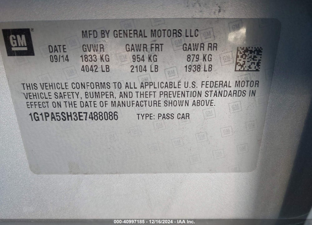 2014 CHEVROLET CRUZE VIN: 1G1PA5SH3E7488086