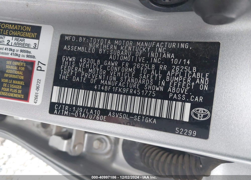 2015 TOYOTA CAMRY XLE VIN: 4T4BF1FK9FR451775