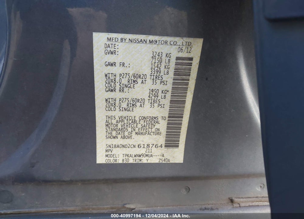 2012 NISSAN ARMADA PLATINUM VIN: 5N1BA0ND2CN618764