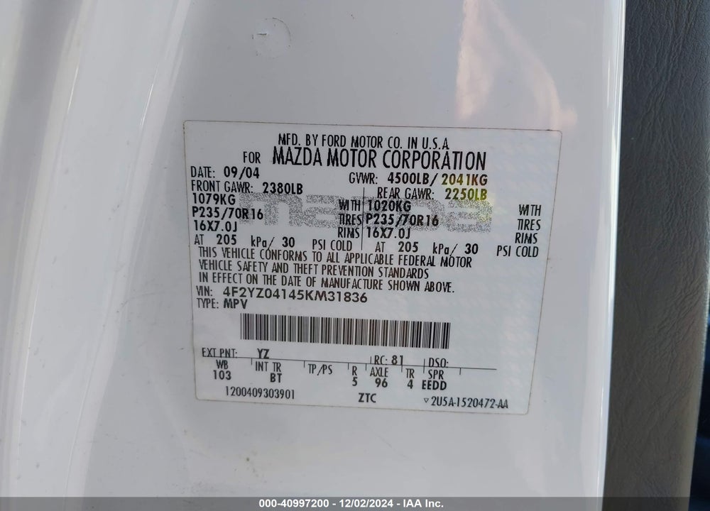 2005 MAZDA TRIBUTE S VIN: 4F2YZ04145KM31836