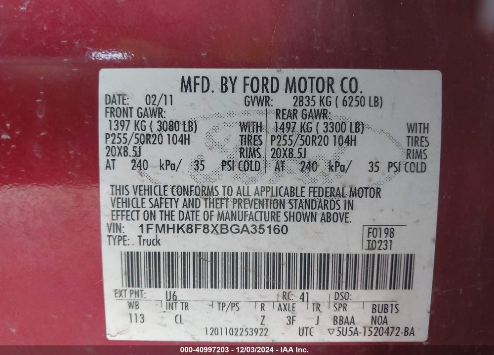 2011 FORD EXPLORER LIMITED VIN: 1FMHK8F8XBGA35160