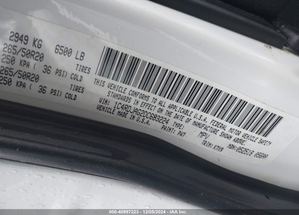 2013 DODGE DURANGO SXT VIN: 1C4RDJAG2DC683224