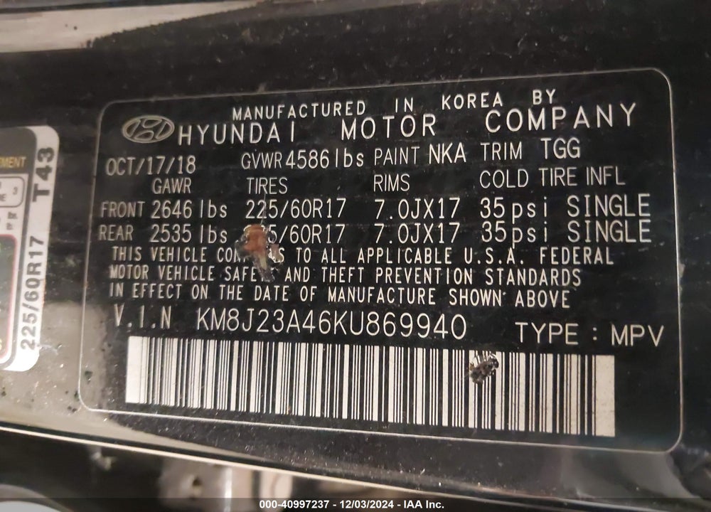 2019 HYUNDAI TUCSON SE VIN: KM8J23A46KU869940