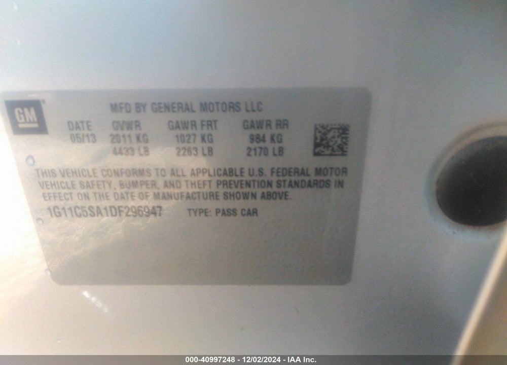 2013 CHEVROLET MALIBU 1LT VIN: 1G11C5SA1DF296947