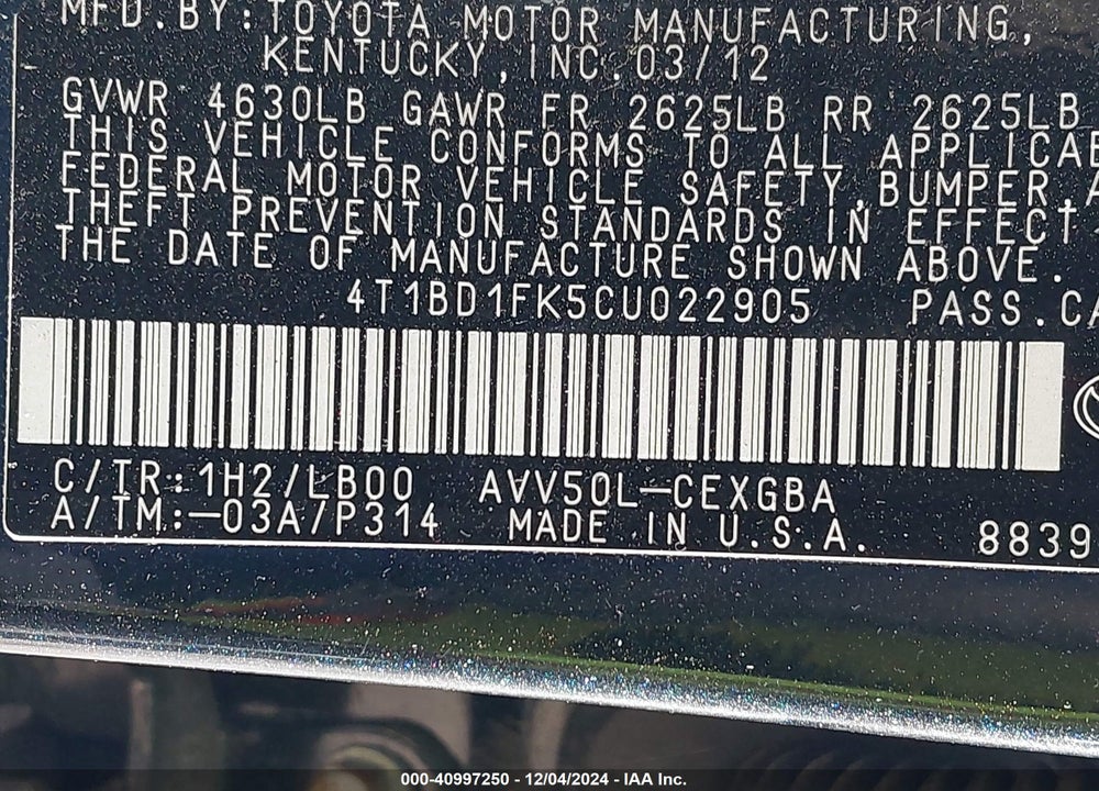 2012 TOYOTA CAMRY HYBRID VIN: 4T1BD1FK5CU022905